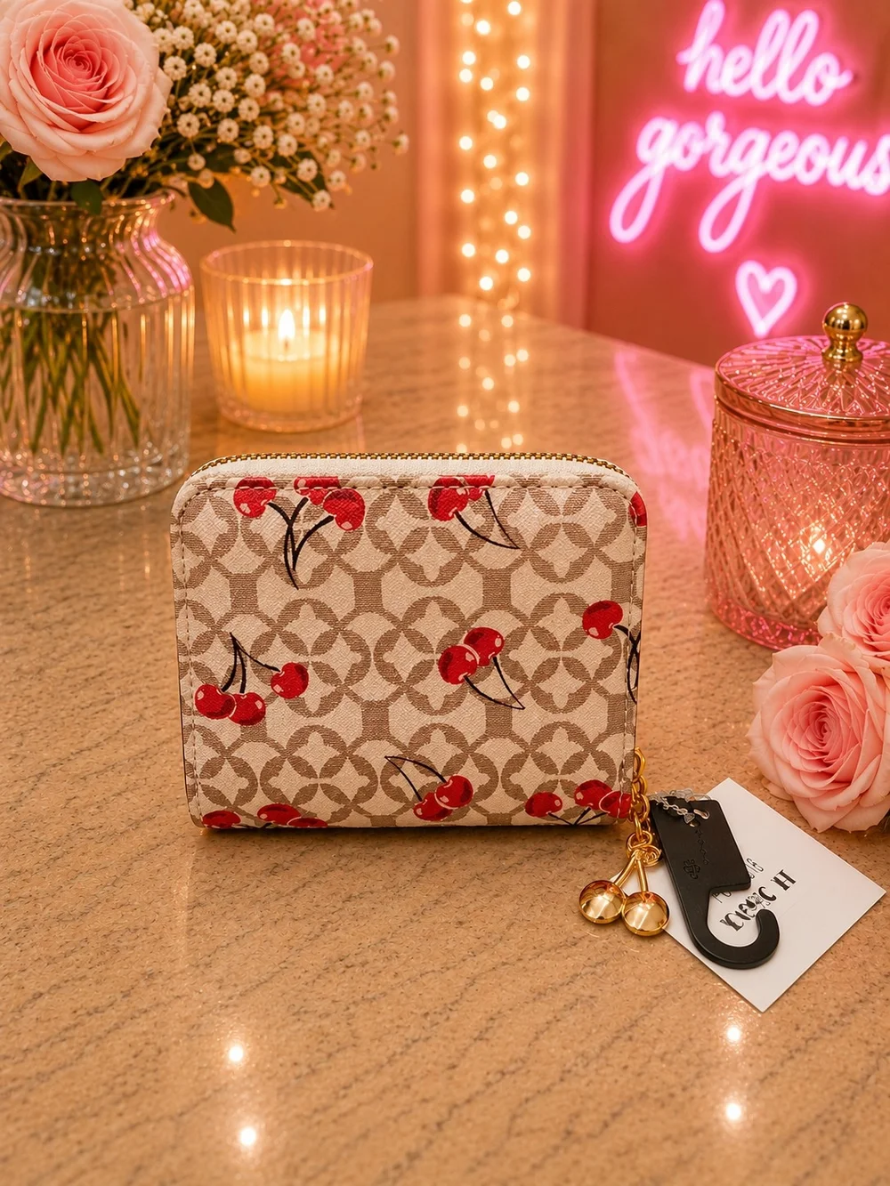 Cherry Print Small Zip Wallet - NWT Beige and Red - Picture 3 of 3